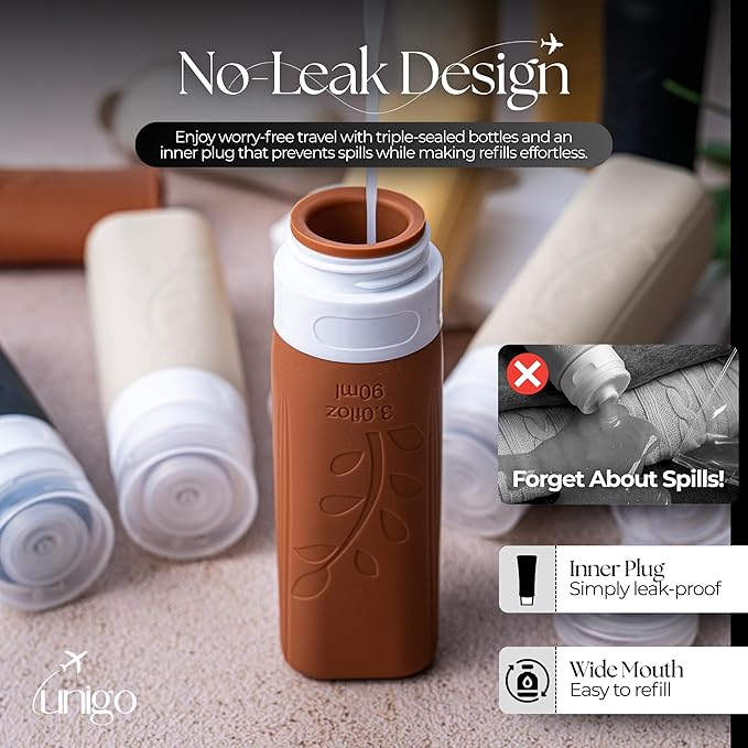unigo Silicone Travel Bottles Set for Toiletries, Airplane Approved TSA Carry On Size, BPA Free Leakproof Refillable Squeeze Containers with Labels, Cleaning Brush and Covers (Apricot)