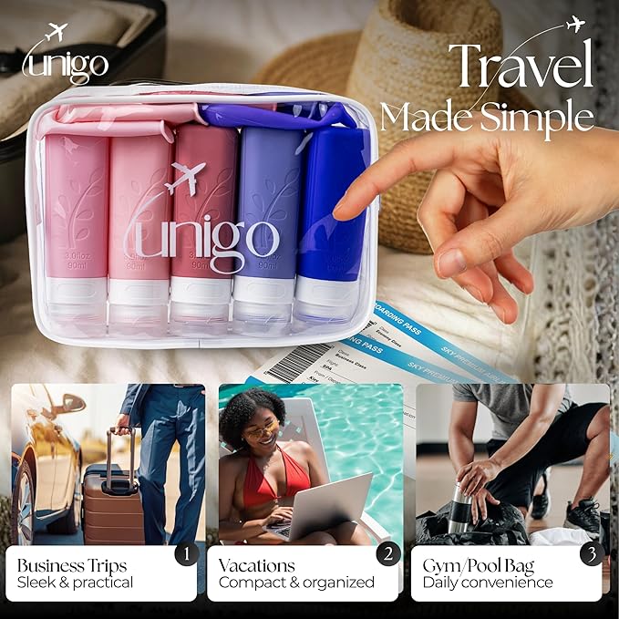 unigo Silicone Travel Bottles Set for Toiletries, Airplane Approved TSA Carry On Size, BPA Free Leakproof Refillable Squeeze Containers with Labels, Cleaning Brush and Covers (Purple)