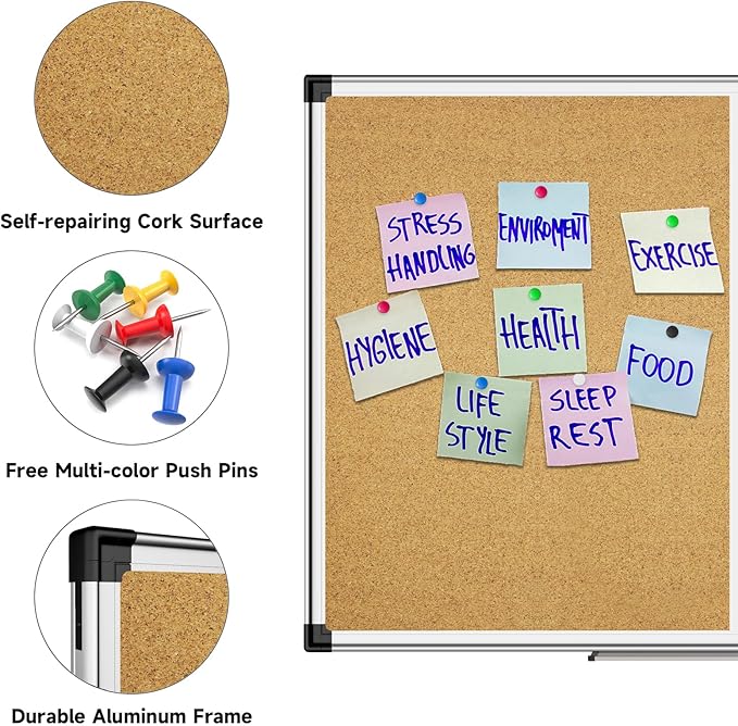 XBoard Magnetic White Board and Bulletin Corkboard Combination, 36 x 24 Inch Half Dry Erase & Cork Combo Board for Wall with Aluminum Frame, 3' x 2' Notice Memo Board Tack Pin Board Vision Board