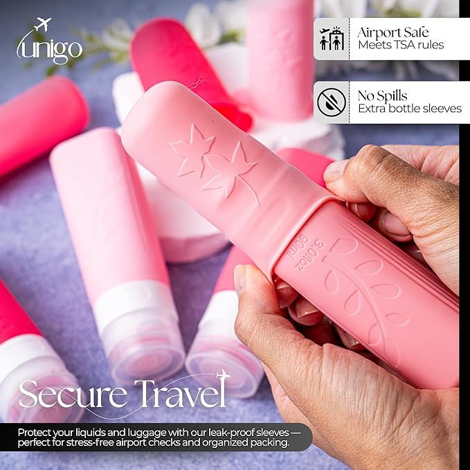 unigo Silicone Travel Bottles Set for Toiletries, Airplane Approved TSA Carry On Size, BPA Free Leakproof Refillable Squeeze Containers with Labels, Cleaning Brush and Covers (Pink)