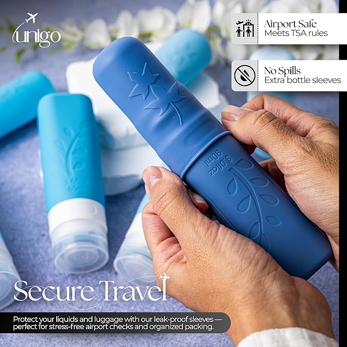 unigo Silicone Travel Bottles Set for Toiletries, Airplane Approved TSA Carry On Size, BPA Free Leakproof Refillable Squeeze Containers with Labels, Cleaning Brush and Covers (Blue)