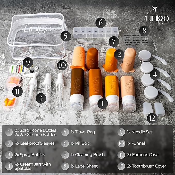 unigo Silicone Travel Bottles Set for Toiletries, Airplane Approved TSA Carry On Size, BPA Free Leakproof Refillable Squeeze Containers with Labels, Cleaning Brush and Covers (Apricot)