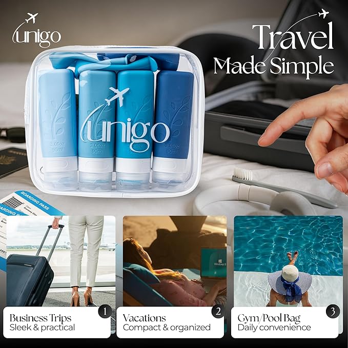 unigo Silicone Travel Bottles Set for Toiletries, Airplane Approved TSA Carry On Size, BPA Free Leakproof Refillable Squeeze Containers with Labels, Cleaning Brush and Covers (Blue)