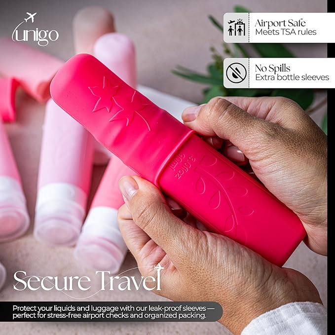 unigo Silicone Travel Bottles Set for Toiletries, Airplane Approved TSA Carry On Size, BPA Free Leakproof Refillable Squeeze Containers with Labels, Cleaning Brush and Covers (Pink)