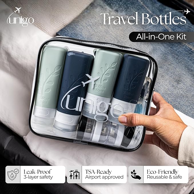 unigo Silicone Travel Bottles Set for Toiletries, Airplane Approved TSA Carry On Size, BPA Free Leakproof Refillable Squeeze Containers with Labels, Cleaning Brush and Covers (White and Black)