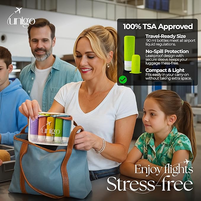 unigo Silicone Travel Bottles Set for Toiletries, Airplane Approved TSA Carry On Size, BPA Free Leakproof Refillable Squeeze Containers with Labels, Cleaning Brush and Covers (Multicolor B)