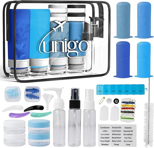 unigo Silicone Travel Bottles Set for Toiletries, Airplane Approved TSA Carry On Size, BPA Free Leakproof Refillable Squeeze Containers with Labels, Cleaning Brush and Covers (Blue)