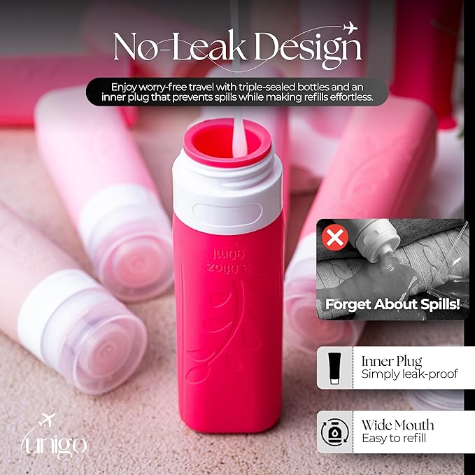 unigo Silicone Travel Bottles Set for Toiletries, Airplane Approved TSA Carry On Size, BPA Free Leakproof Refillable Squeeze Containers with Labels, Cleaning Brush and Covers (Pink)