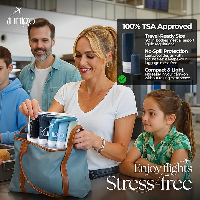 unigo Silicone Travel Bottles Set for Toiletries, Airplane Approved TSA Carry On Size, BPA Free Leakproof Refillable Squeeze Containers with Labels, Cleaning Brush and Covers (Blue)