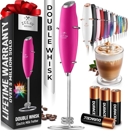Zulay Kitchen Whisk Milk Frother with 4 Duracell Batteries - Powerful Handheld Foam Maker for Coffee, Lattes, Matcha, Hot Chocolate & Cappuccinos - Whip Creamy Froth in Seconds