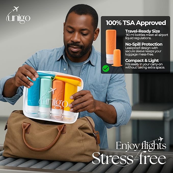 unigo Silicone Travel Bottles Set for Toiletries, Airplane Approved TSA Carry On Size, BPA Free Leakproof Refillable Squeeze Containers with Labels, Cleaning Brush and Covers (Multicolor B)