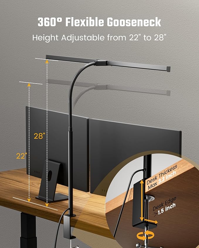 Eye-Caring Desk Lamp with Clamp, LED Desk Light Bar for Dual Monitors, Adjustable Gooseneck Table Lamp with 3 Color Modes, Smooth Dimming Office Desk Lamp for Home Office, Study, Computer Work
