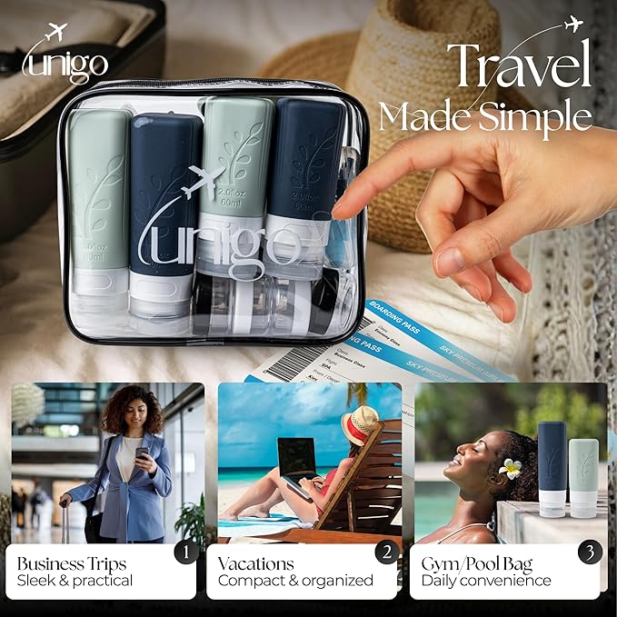 unigo Silicone Travel Bottles Set for Toiletries, Airplane Approved TSA Carry On Size, BPA Free Leakproof Refillable Squeeze Containers with Labels, Cleaning Brush and Covers (White and Black)