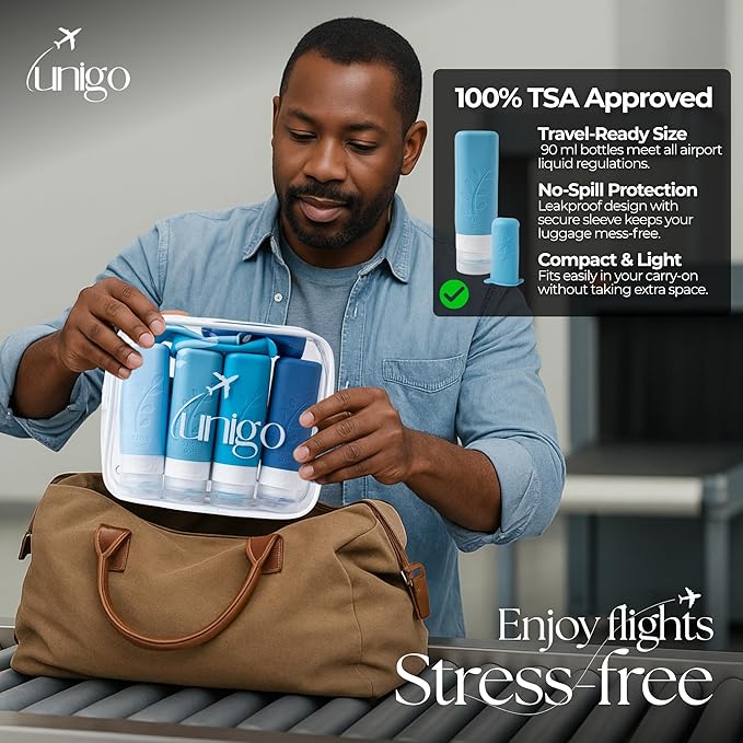 unigo Silicone Travel Bottles Set for Toiletries, Airplane Approved TSA Carry On Size, BPA Free Leakproof Refillable Squeeze Containers with Labels, Cleaning Brush and Covers (Blue)