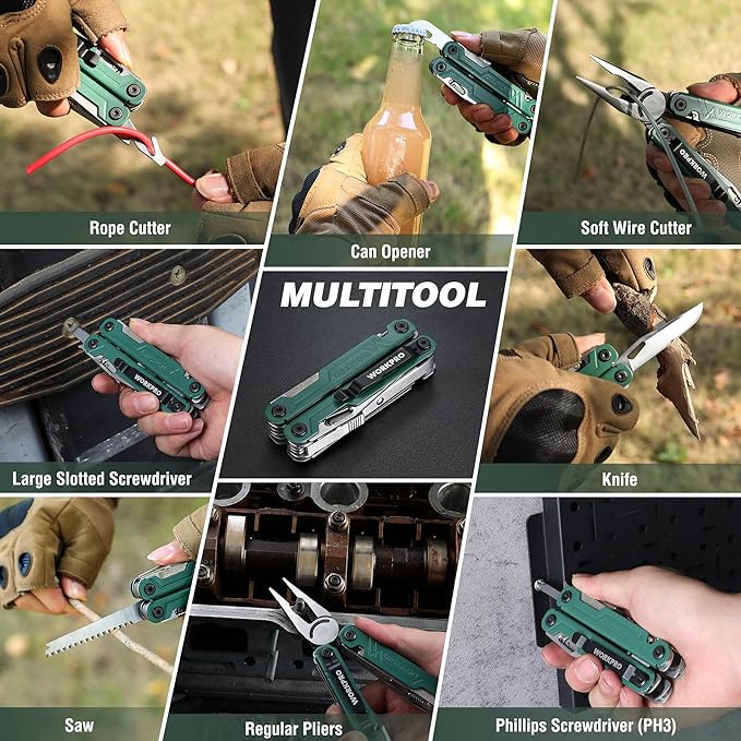 WORKPRO 18-in-1 Multi Tool Pliers, Gifts for Men, Stainless Steel EDC Multitool with Pocket Knife, 2 Safety Locks, Belt Clip and Oxford Pouch, Utility Multiuse Tool for Camping (Pack of 2)