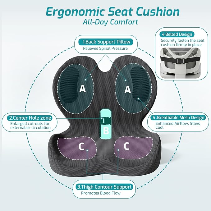 Trucker Seat Cushion, Car Seat Cushions with Lumbar Support Pillow, Ergonomic L-Shaped Orthopedic Memory Foam Pad for Long Driving Back Pain Sciatica Relief, Drivers Office Workers (Black+ Gray)