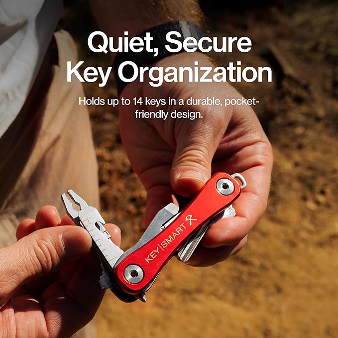 KeySmart Rugged - Multitool Key Holder for Keychain w/Bottle Opener and Pocket Clip, Key Organizer for Key Chain, EDC Keychains, Key Ring for Car Fobs Key Chains, Expandable (Up to 14 Keys, Red)