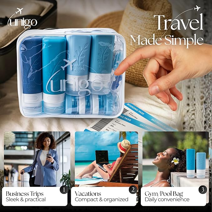 unigo Silicone Travel Bottles Set for Toiletries, Airplane Approved TSA Carry On Size, BPA Free Leakproof Refillable Squeeze Containers with Labels, Cleaning Brush and Covers (Blue)