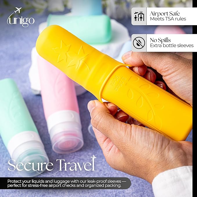 unigo Silicone Travel Bottles Set for Toiletries, Airplane Approved TSA Carry On Size, BPA Free Leakproof Refillable Squeeze Containers with Labels, Cleaning Brush and Covers (Multicolor A)