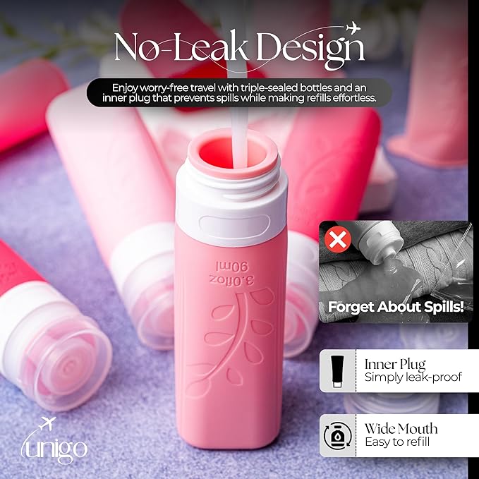 unigo Silicone Travel Bottles Set for Toiletries, Airplane Approved TSA Carry On Size, BPA Free Leakproof Refillable Squeeze Containers with Labels, Cleaning Brush and Covers (Pink)