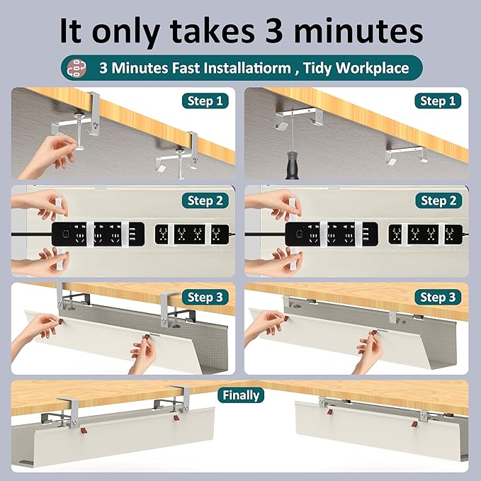 Extra Large 48" Under Desk Cable Management Tray for Standing Desk, No Drill Clamp On Wire Hider, Heavy Duty Anti-Sag Cord Organizer, Cable Tray for Studio & Dual Monitors (Beige, 47.8")