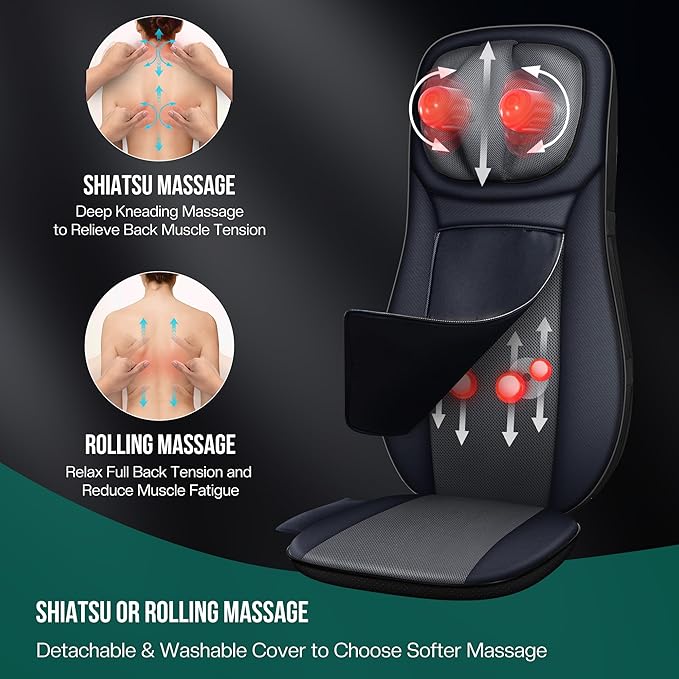 Snailax Shiatsu Neck Back Massager with Heat, Full Body Massage Chair Pad with Adjustable Height, Deep Kneading & Rolling Massage Seat Cushion for Back Pain, APP Control Seat Chair Massager, Gifts