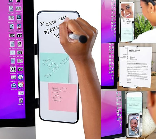 Removable Multi-Use Laptop and Monitor Memo Board; 11.8" x 4.3" Magnetic Whiteboard, Black Brackets, Marker, Mirror, and 4 Magnets Included; Document Holder; Small Dry Erase Board; Sticky Note Holder