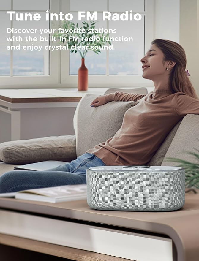 Wireless Charging Alarm Clock Radio: Qi Certified Fast Wireless Charger for iPhone Samsung - 10W Stereo Bluetooth Speaker - Dimmable Digital Clock with FM Radio for Bedroom Cloud Blue