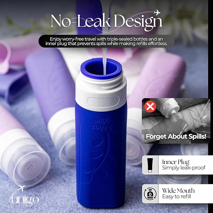 unigo Silicone Travel Bottles Set for Toiletries, Airplane Approved TSA Carry On Size, BPA Free Leakproof Refillable Squeeze Containers with Labels, Cleaning Brush and Covers (Purple)