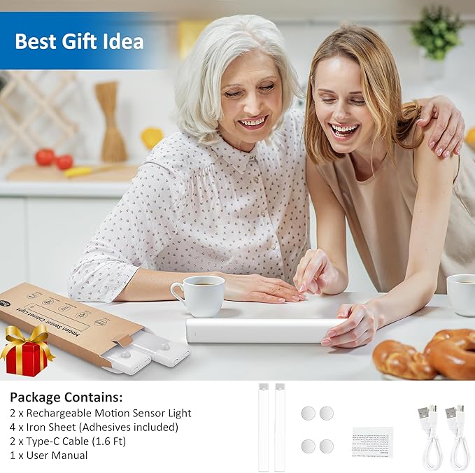 15.9 inch Motion Sensor Under Cabinet Lights, Magnetic Rechargeable Under Counter Closet Light, Wireless Night Light Bar Stick-On, Cool White, 2-Pack