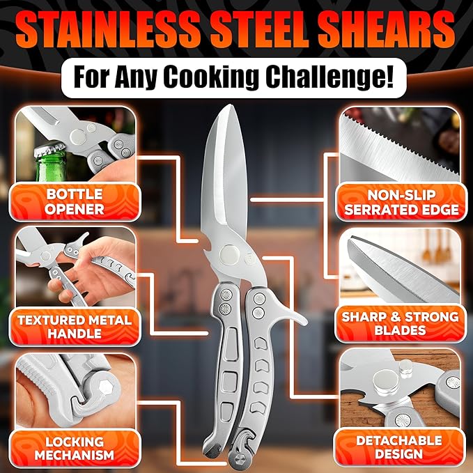 4-in-1 Multifunctional Heavy Duty Kitchen Shears – Spring-Loaded Sharp Seafood, Fish, Turkey & Chicken Kitchen Utility Scissors | Non-Slip Handle, Safety Lock & Micro-Serrated Blades for Bones(Silver)