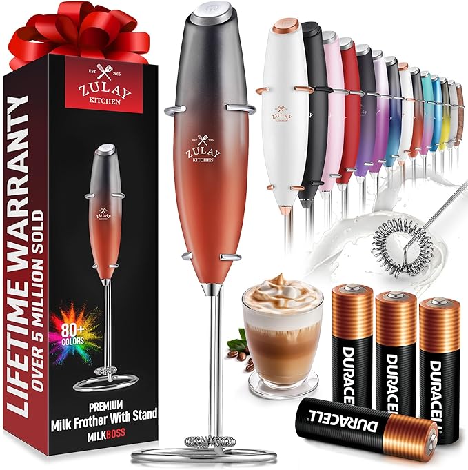 Zulay Kitchen Powerful Milk Frother Wand With 4 AA Duracell Batteries - Ultra Fast Handheld Drink Mixer - Electric Whisk Foam Maker for Coffee, Lattes, Cappuccino, Matcha & Creamer
