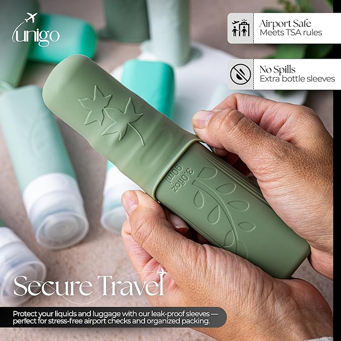 unigo Silicone Travel Bottles Set for Toiletries, Airplane Approved TSA Carry On Size, BPA Free Leakproof Refillable Squeeze Containers with Labels, Cleaning Brush and Covers (Green)