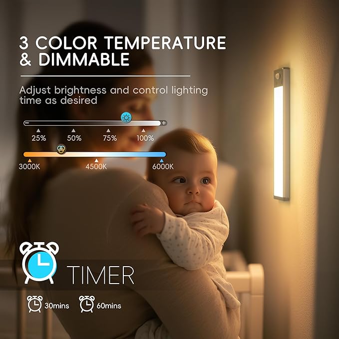 Under Cabinet Lights with Charging Station, 24LED Dimmable Rechargeable Motion Sensor Light Indoor with 15 Color Temperatures, Magnetic RGB Stick-Anywhere Closet Light for Stair Kitchen (3 Pack)