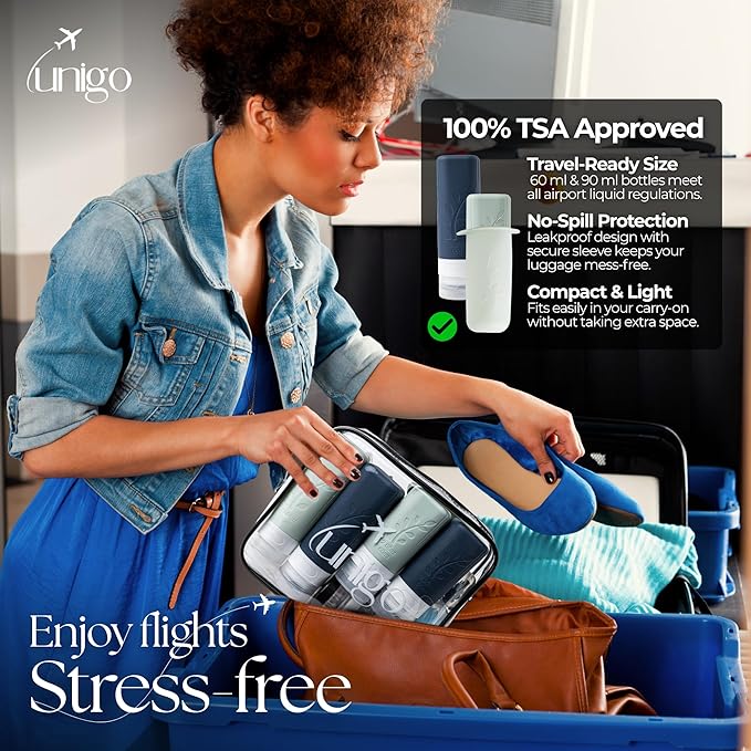 unigo Silicone Travel Bottles Set for Toiletries, Airplane Approved TSA Carry On Size, BPA Free Leakproof Refillable Squeeze Containers with Labels, Cleaning Brush and Covers (White and Black)