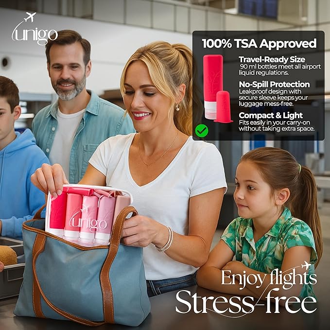 unigo Silicone Travel Bottles Set for Toiletries, Airplane Approved TSA Carry On Size, BPA Free Leakproof Refillable Squeeze Containers with Labels, Cleaning Brush and Covers (Pink)