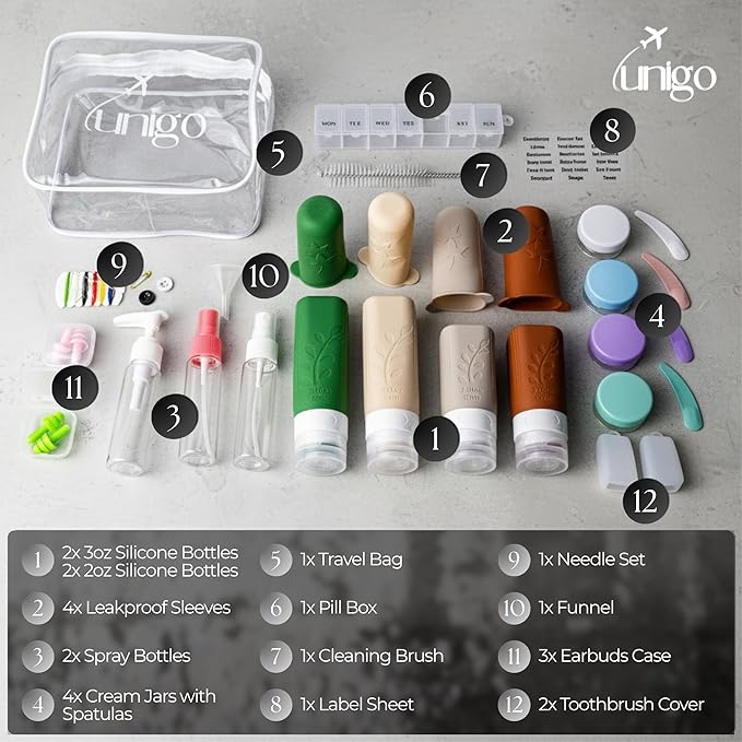 unigo Silicone Travel Bottles Set for Toiletries, Airplane Approved TSA Carry On Size, BPA Free Leakproof Refillable Squeeze Containers with Labels, Cleaning Brush and Covers (Multicolor C)