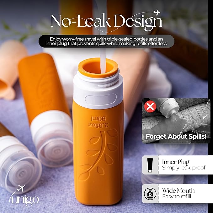 unigo Silicone Travel Bottles Set for Toiletries, Airplane Approved TSA Carry On Size, BPA Free Leakproof Refillable Squeeze Containers with Labels, Cleaning Brush and Covers (Apricot)