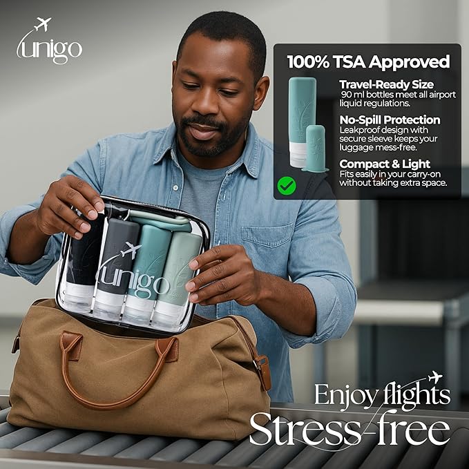 unigo Silicone Travel Bottles Set for Toiletries, Airplane Approved TSA Carry On Size, BPA Free Leakproof Refillable Squeeze Containers with Labels, Cleaning Brush and Covers (Gray)