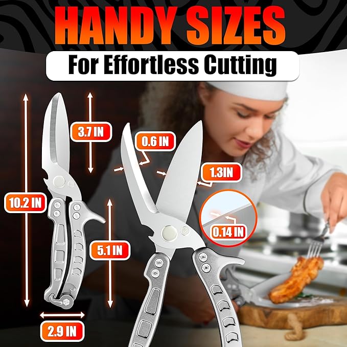 4-in-1 Multifunctional Heavy Duty Kitchen Shears – Spring-Loaded Sharp Seafood, Fish, Turkey & Chicken Kitchen Utility Scissors | Non-Slip Handle, Safety Lock & Micro-Serrated Blades for Bones(Silver)