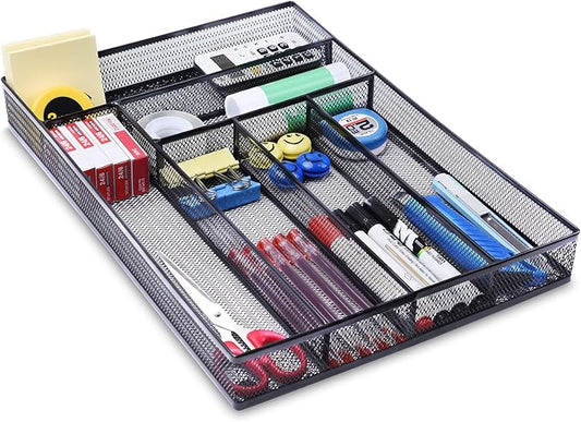 WuGeShop Desk Drawer Organizer with 6 Compartments, Mesh Drawer Organizer Tray for Stationery, Office Supplies Desktop Storage, Black