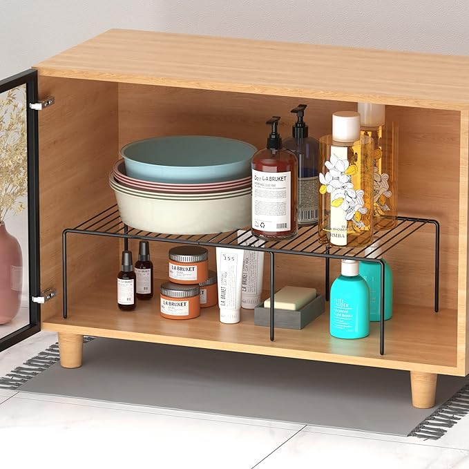 Redrubbit Cabinet Storage Shelf Rack, 8 Piece Expandable Metal Rustproof Kitchen Counter and Cabinet Shelf, Storage Rack Organizer Space Saver for Kitchen, Fridge, Cabinet, Bathroom, Black, Set of 4