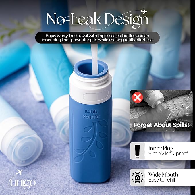 unigo Silicone Travel Bottles Set for Toiletries, Airplane Approved TSA Carry On Size, BPA Free Leakproof Refillable Squeeze Containers with Labels, Cleaning Brush and Covers (Blue)