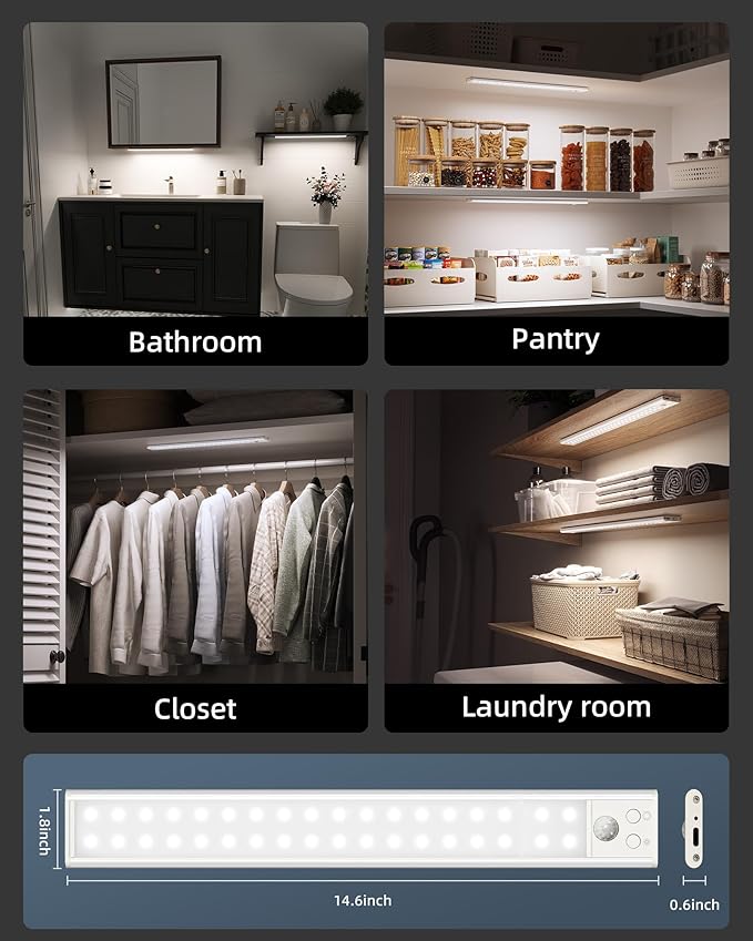 Under Cabinet Lights, Motion Sensor Light Indoor, Wireless Closet Lights, 3500mAh Rechargeable, Magnetic, 5 Levels Dimmable, Under Counter Lights for Kitchen (2 Pack)