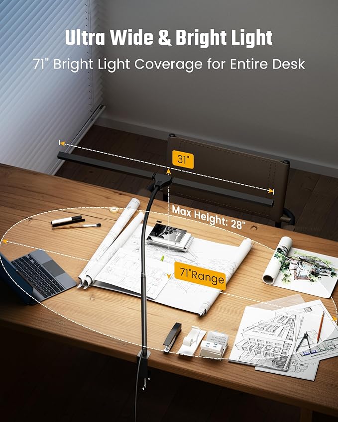 Eye-Caring Desk Lamp with Clamp, LED Desk Light Bar for Dual Monitors, Adjustable Gooseneck Table Lamp with 3 Color Modes, Smooth Dimming Office Desk Lamp for Home Office, Study, Computer Work