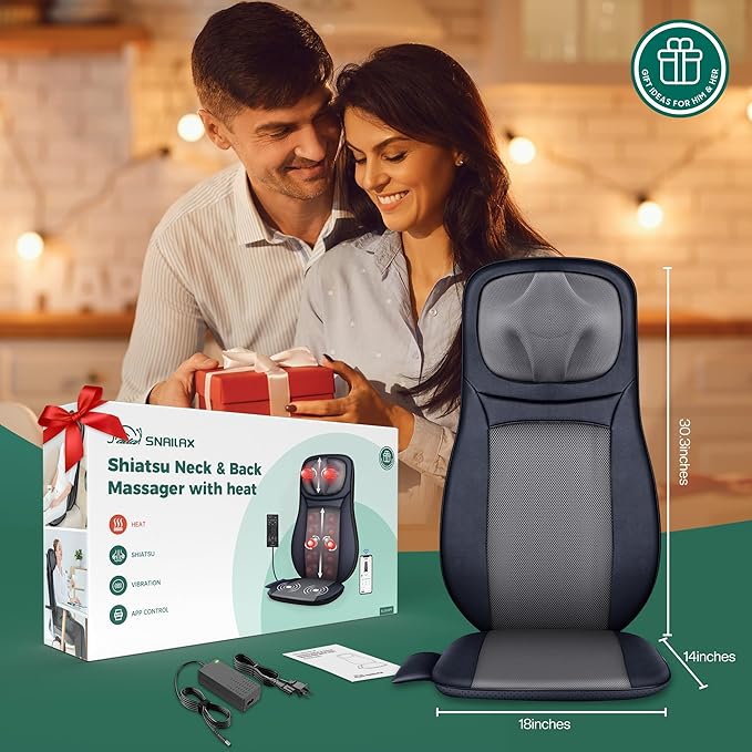 Snailax Shiatsu Neck Back Massager with Heat, Full Body Massage Chair Pad with Adjustable Height, Deep Kneading & Rolling Massage Seat Cushion for Back Pain, APP Control Seat Chair Massager, Gifts