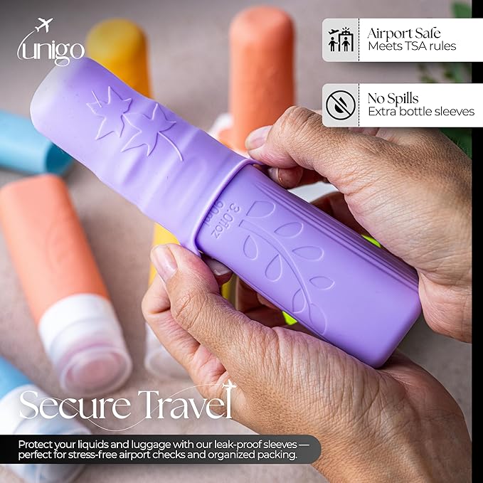 unigo Silicone Travel Bottles Set for Toiletries, Airplane Approved TSA Carry On Size, BPA Free Leakproof Refillable Squeeze Containers with Labels, Cleaning Brush and Covers (Multicolor B)