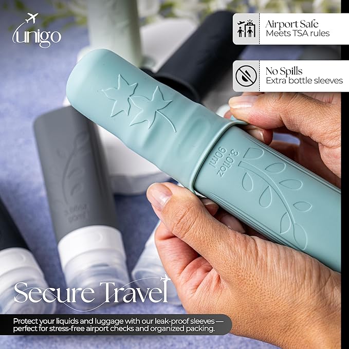 unigo Silicone Travel Bottles Set for Toiletries, Airplane Approved TSA Carry On Size, BPA Free Leakproof Refillable Squeeze Containers with Labels, Cleaning Brush and Covers (Gray)