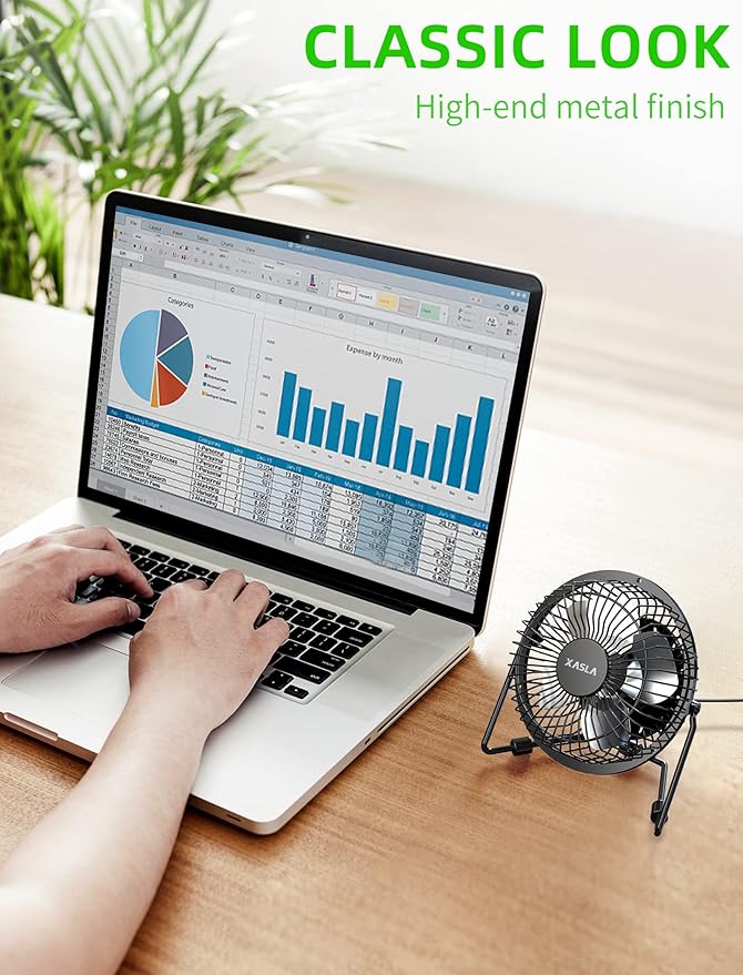 xasla 4 Inch Small USB Desk Fan, Mini Quiet Fan with Metal Construction & Strong Airflow & 360°Adjustable Tilt Angle, Personal Cooling Fan for Desktop Office (Black)
