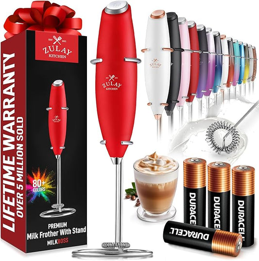Zulay Kitchen Powerful Milk Frother Wand With 4 AA Duracell Batteries - Ultra Fast Handheld Drink Mixer - Electric Whisk Foam Maker for Coffee, Lattes, Cappuccino, Matcha & Creamer